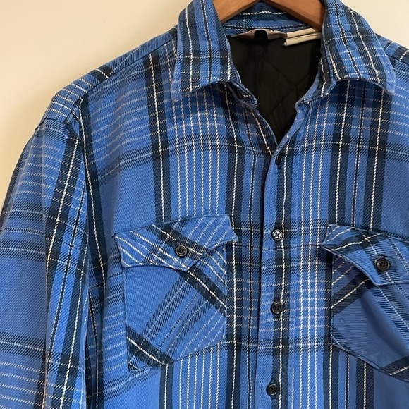 VTG Plaid Shacket XL Blue Winter Run Pockets Dad Oversized Fall Button Down Barn - Picture 3 of 15